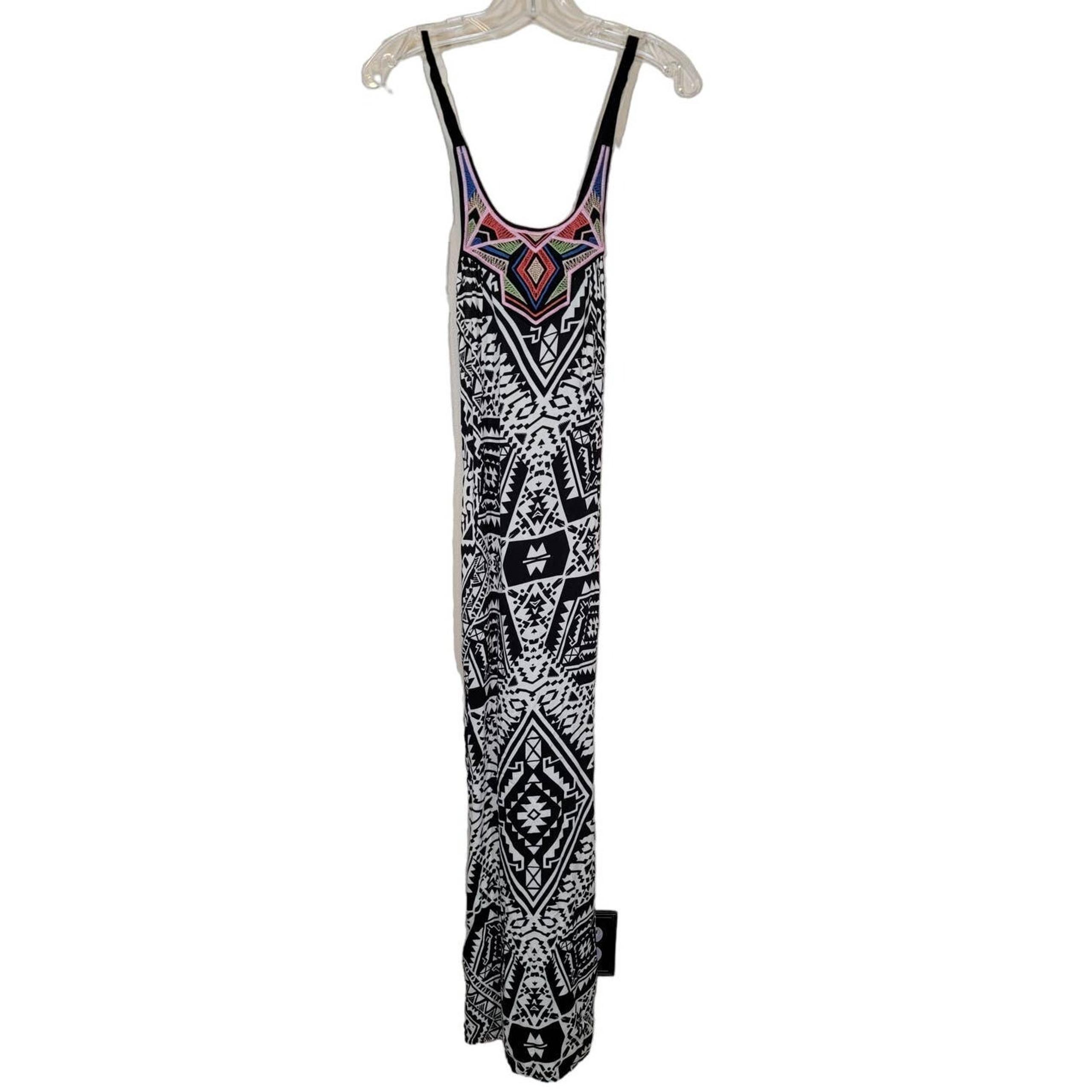 Flying Tomato Women Geometric Embroidered Maxi Dress Open Back Black White Small