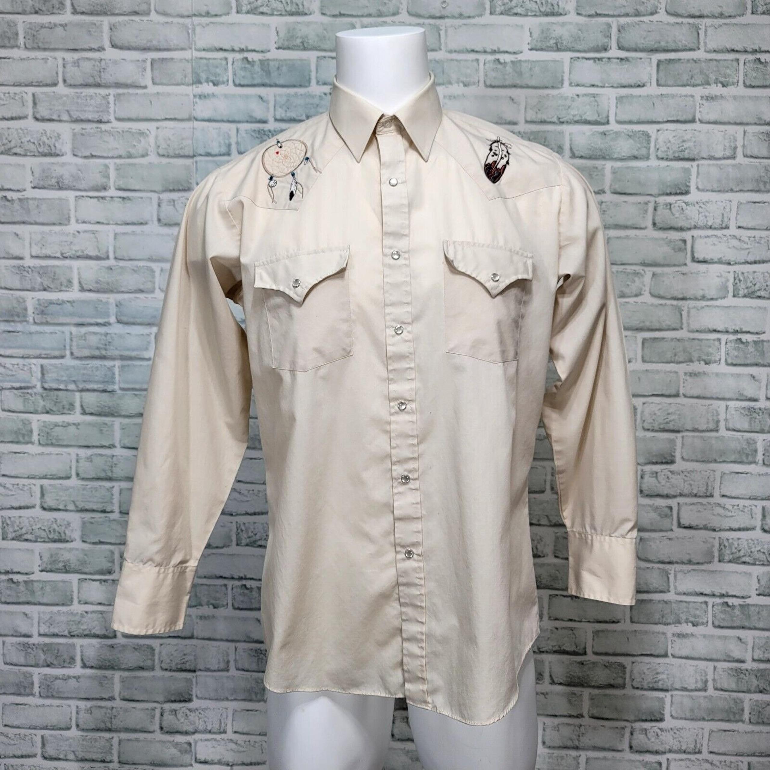 Vintage 90s Sheplers Mens 16-34 Beige Pearl Snap Button Front Long Sleeve Shirt