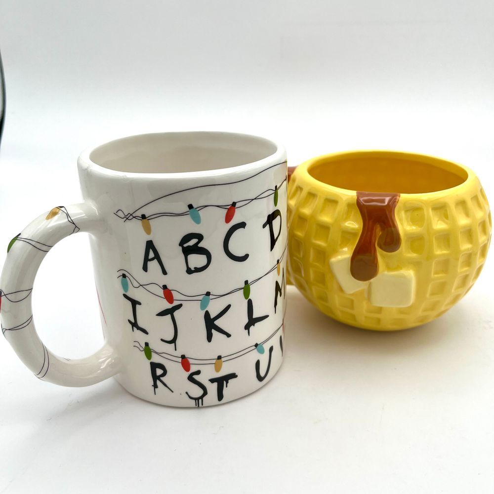 (2) Stranger Things Alphabet ABC Christmas Lights & Eggo Waffle Ceramic Mugs NEW