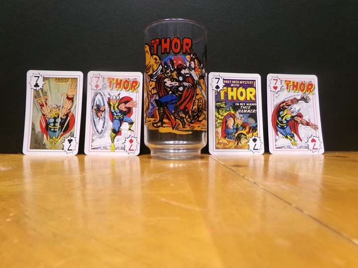 THE MIGHTY THOR VINTAGE 7-ELEVEN GLASS & VINTAGE STYLE COMIC BOOK POKER CARDS