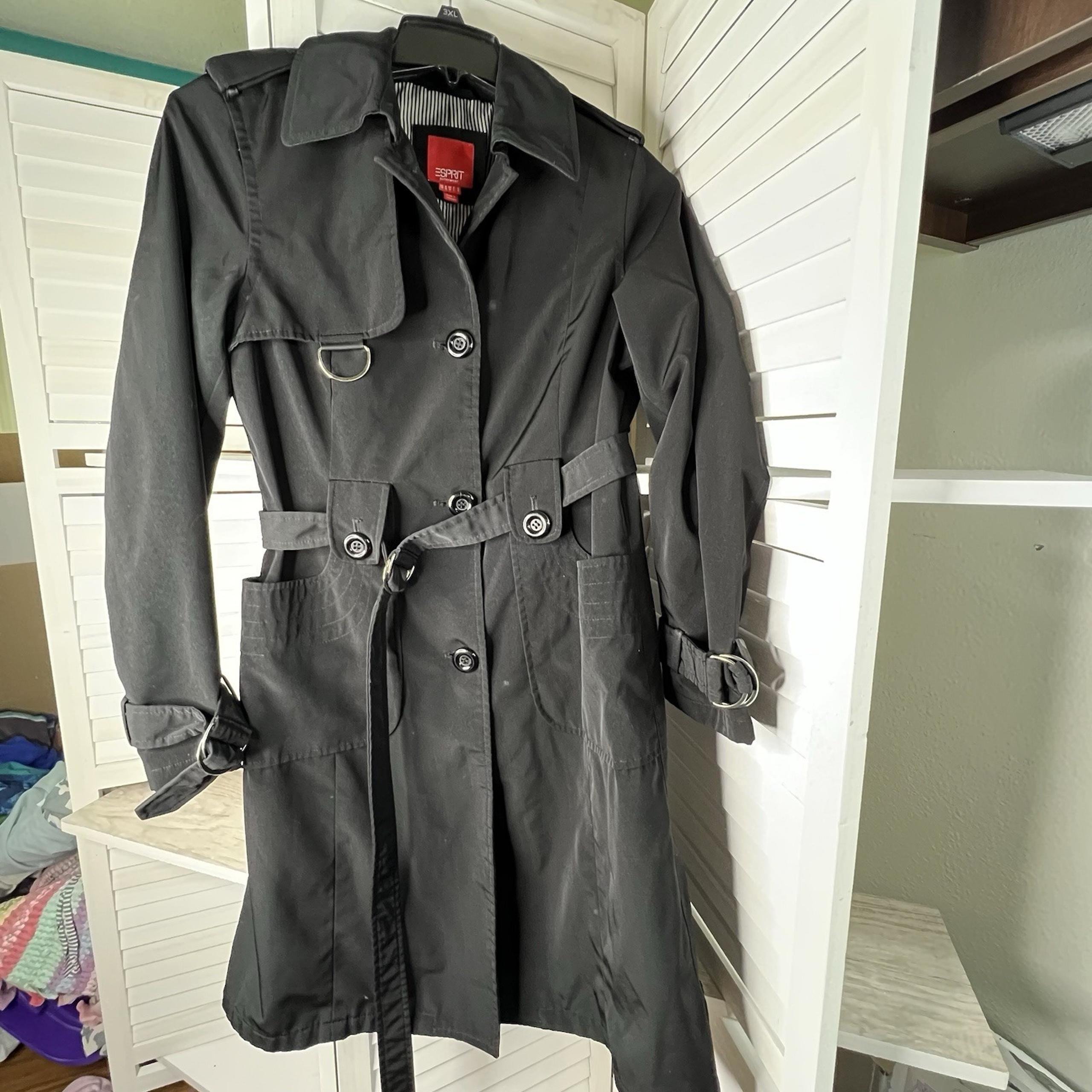 Esprit Black Single-Breasted Belted Trench Coat Women's Medium D-Ring Detail EUC