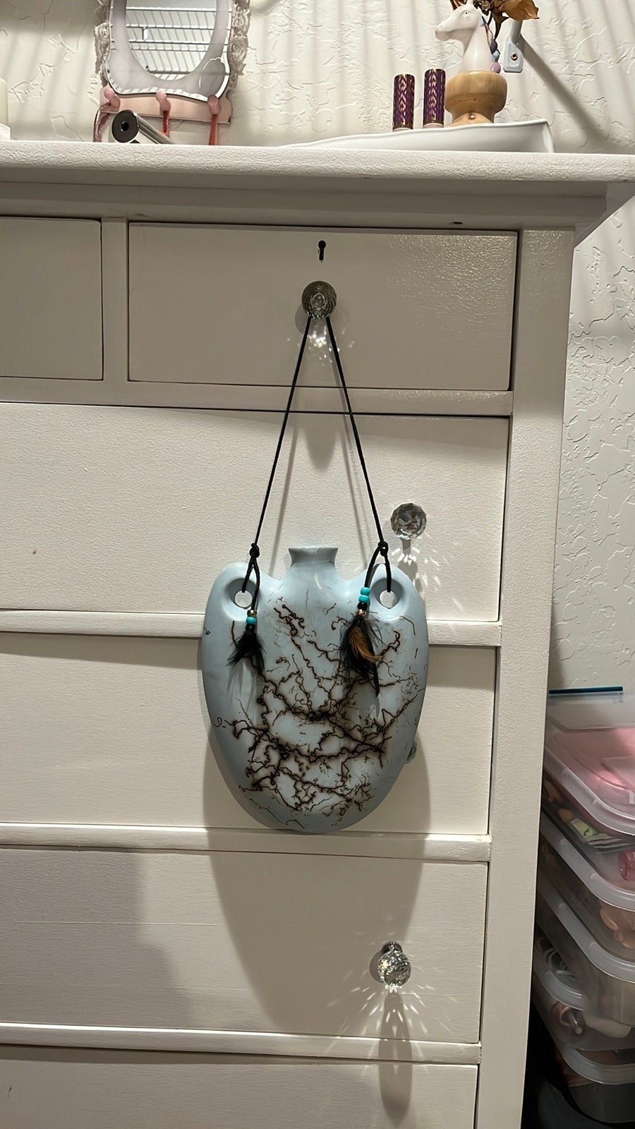 Light Blue Turquoise Hanging Vase Whipped With Burnt Horse Hair! Gorgeous!!