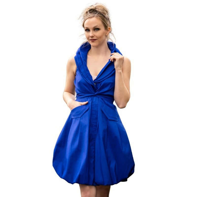 Samuel Dong Blue Ruffle Details Flattering Fit n Flare Dress Bubble Skirt Large
