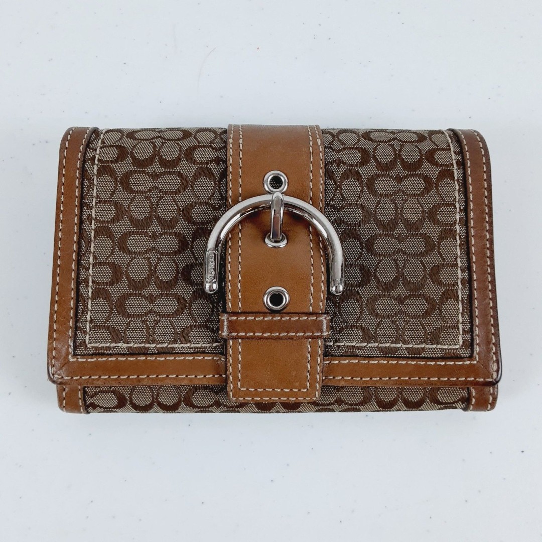 Coach Signature Khaki & Brown Soho Buckle Flap Bifold Wallet Vintage Jacquard