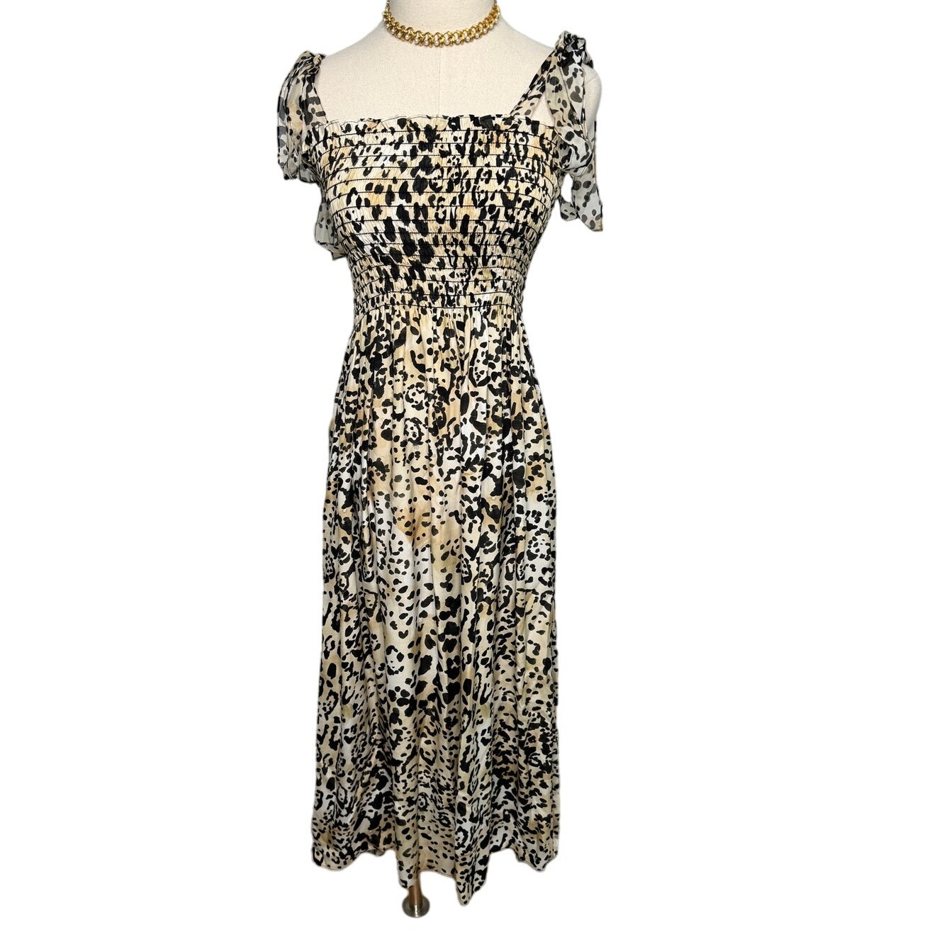La Ligne 100% silk tie strap leopard print smocked midi dress size large L