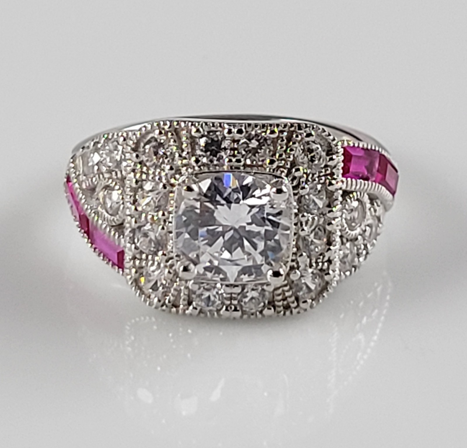 Beautiful Art Deco Ruby & White Topaz Sterling Replica Ring