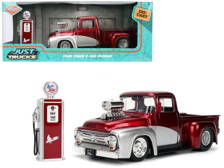 1956 Ford F-100 Pickup Truck Red Metallic with Silver Accents and Jada Gas Pump