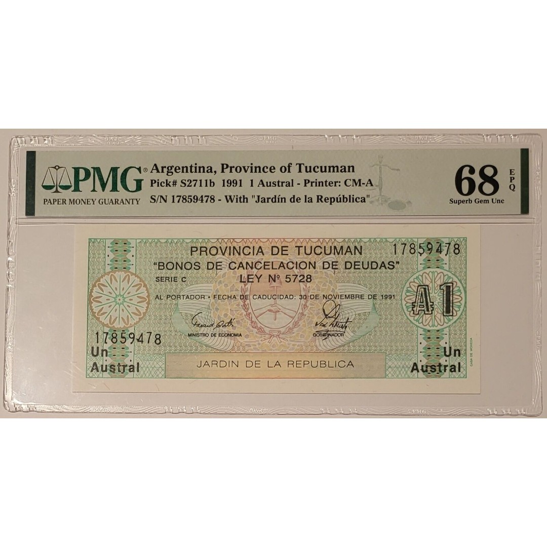 Argentina - Province of Tucuman 1991 1 Austral Note Superb Gem Unc 68 EPQ PMG