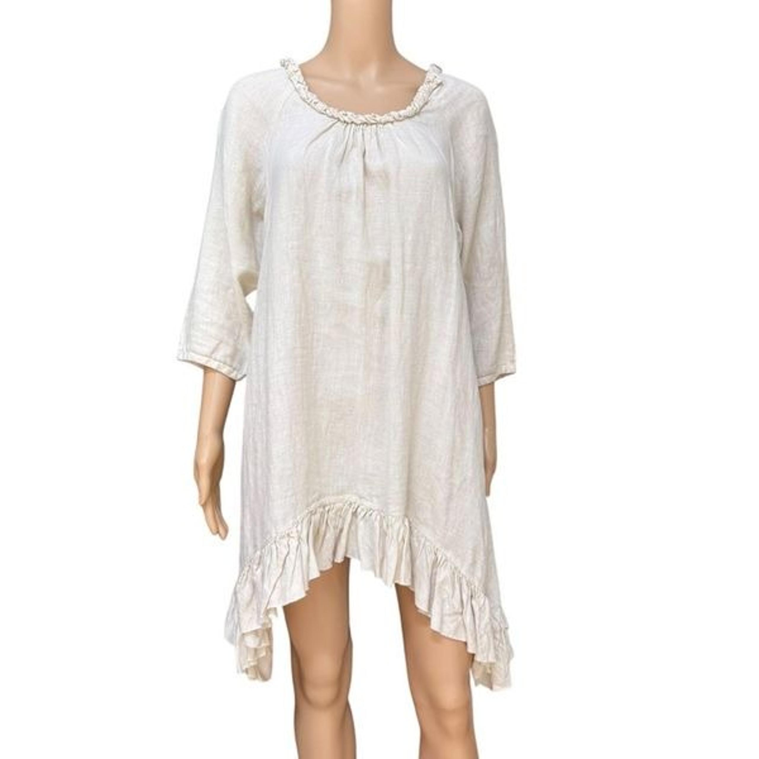API designs 100% linen dress ivory ruffled neckline asymmetrical hemline flowy S