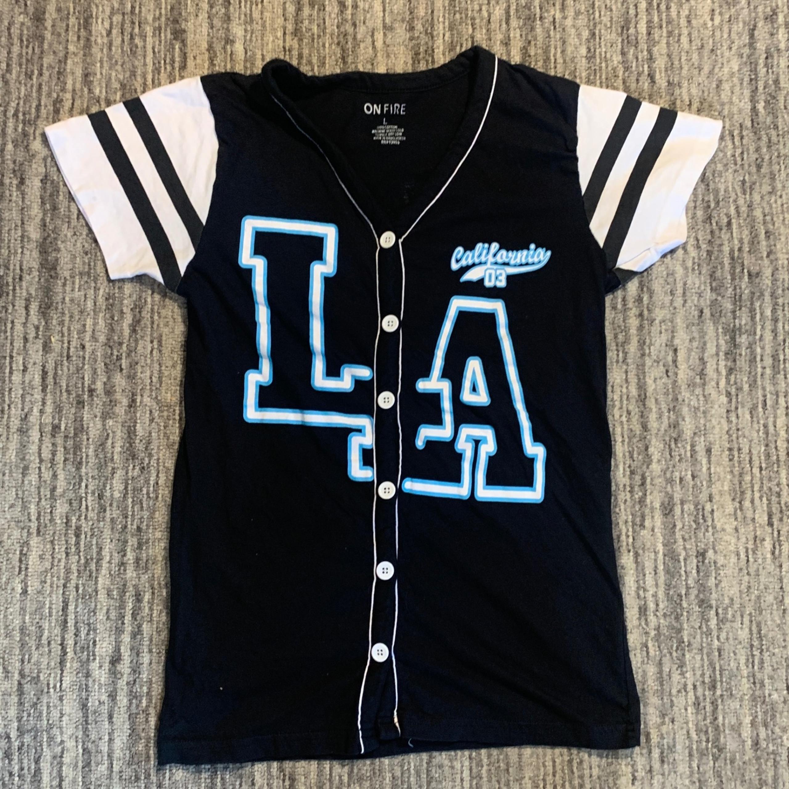 On Fire Baseball Jersey California LA Graphic Tee Striped Sleeve Kids Size L