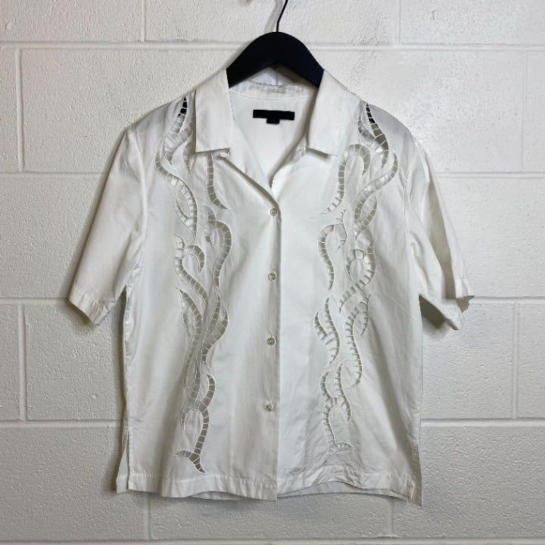 Alexander Wang White Fire Eyelet Lace Short Sleeve Button Front Blouse Size M
