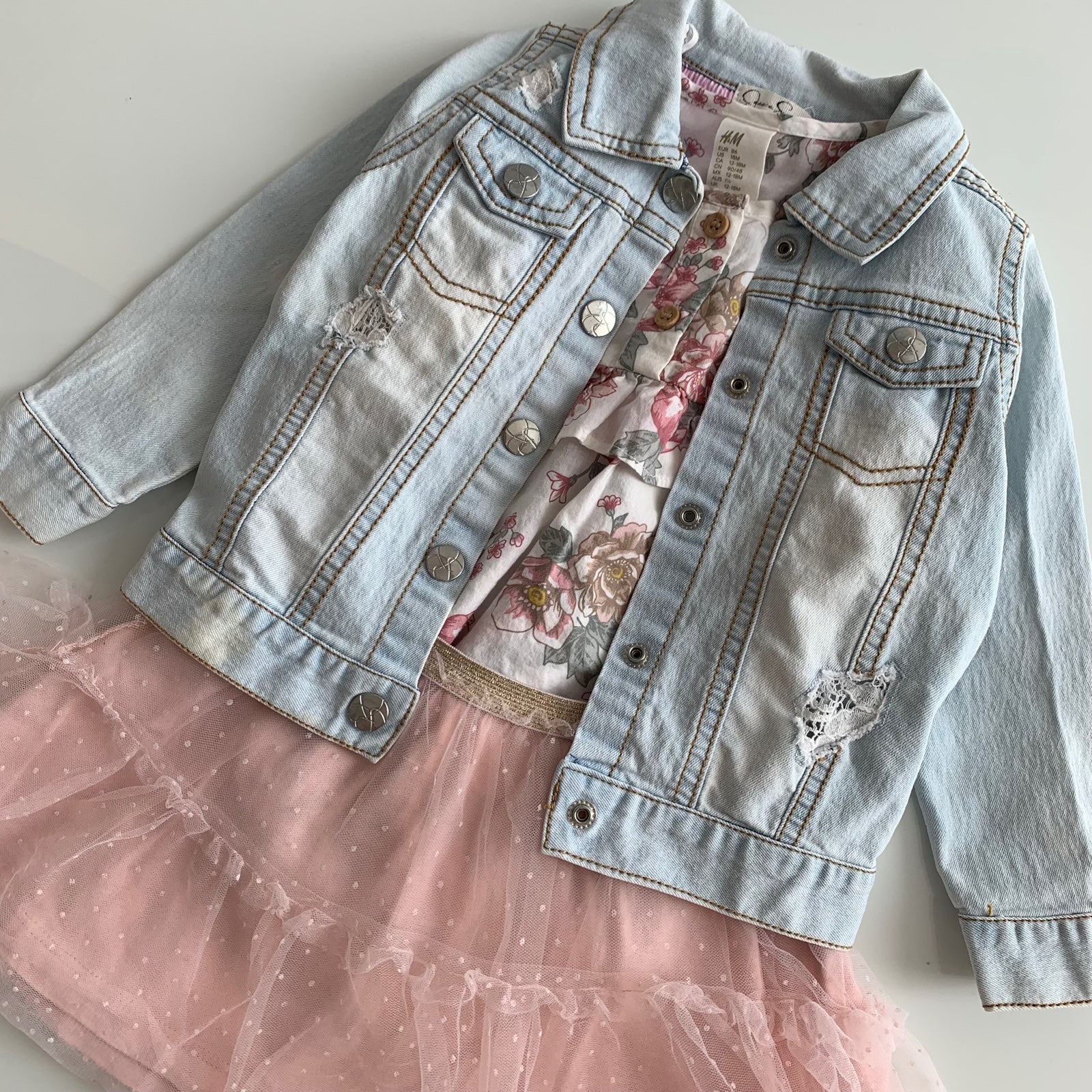 Gorgeous 3-Piece Toddler Girl Outfit (Denim Jacket, Floral Top & Pink Skirt)