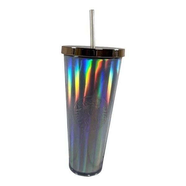 Starbucks Retired 2015 Rainbow Iridescent Foil Cold Cup 24 oz Tumbler Gold NEW