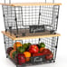 2 Set Stackable Wire Basket with Bamboo Top -Kitchen Counter, Pantry Organizer