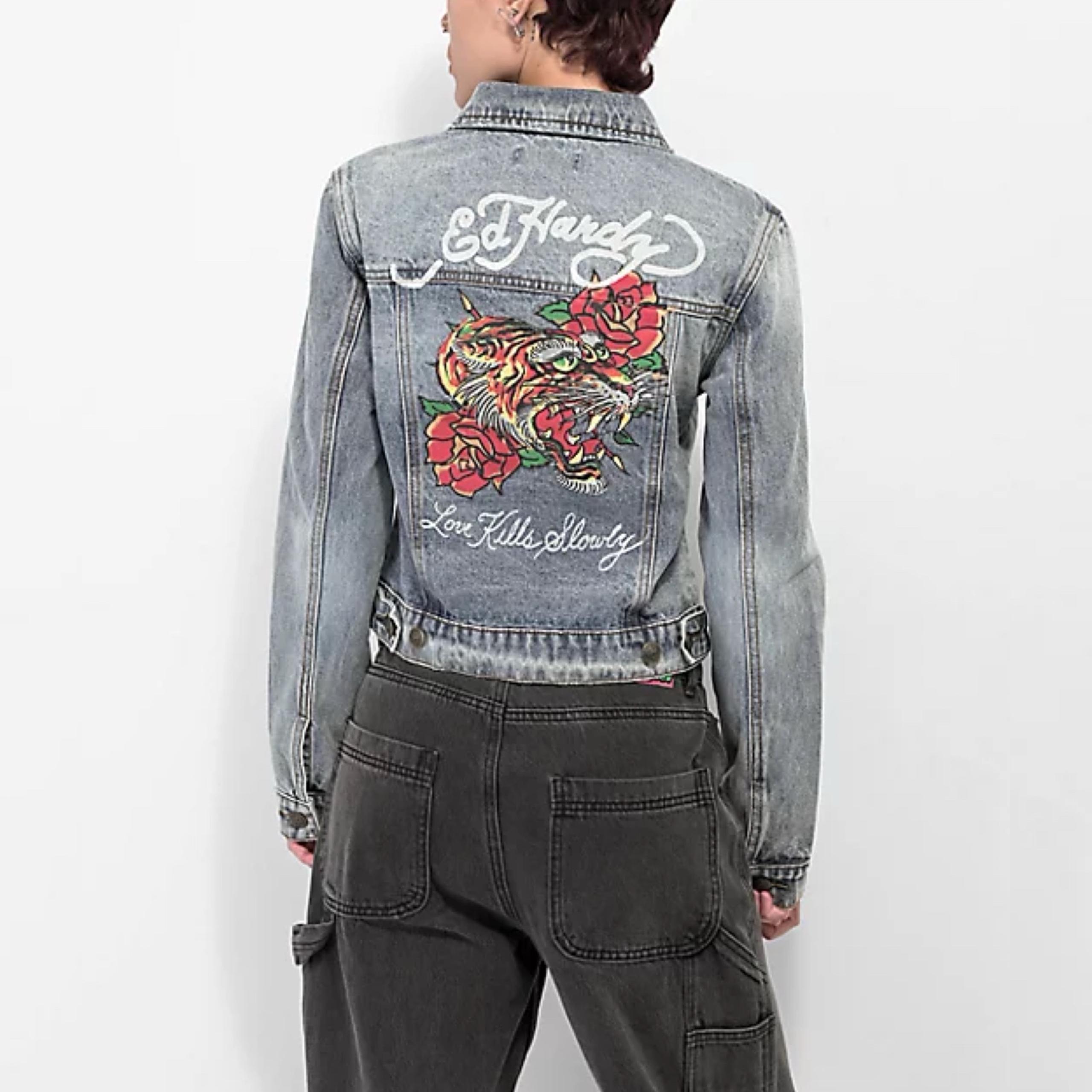 Ed Hardy Screaming Tiger Light Blue Denim Jacket Sz M