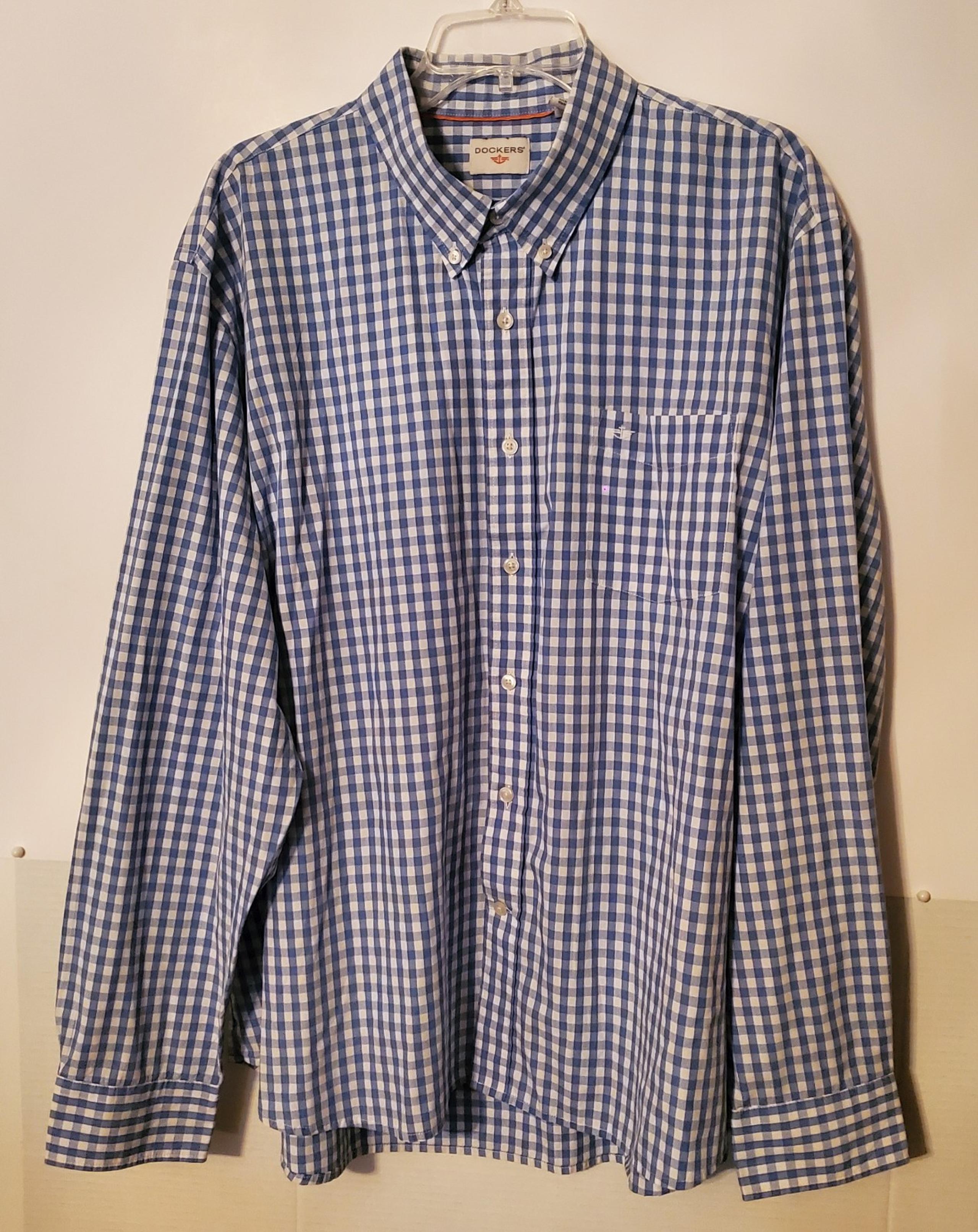 DOCKERS Men's Long Sleeve SHIRT Checkered Blue  Cotton Polyester Button Down XXL