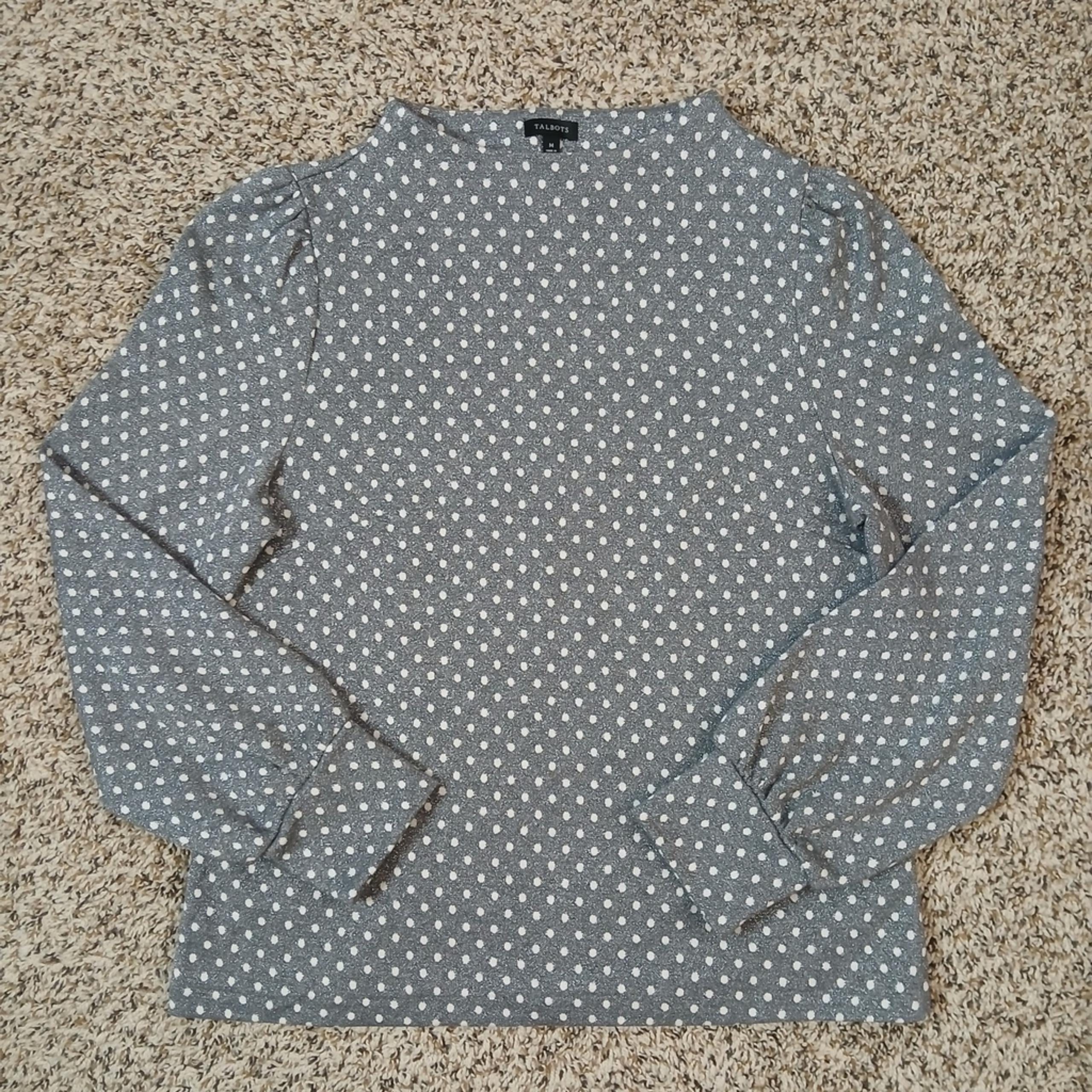 Talbots Funnel Neck Top Size Medium Gray Metallic Dot Jacquard L/S Sweater