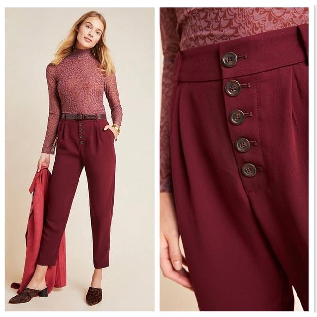 Anthropologie Sasha Red Wine Maroon Button Fly Tapered Pants Trousers