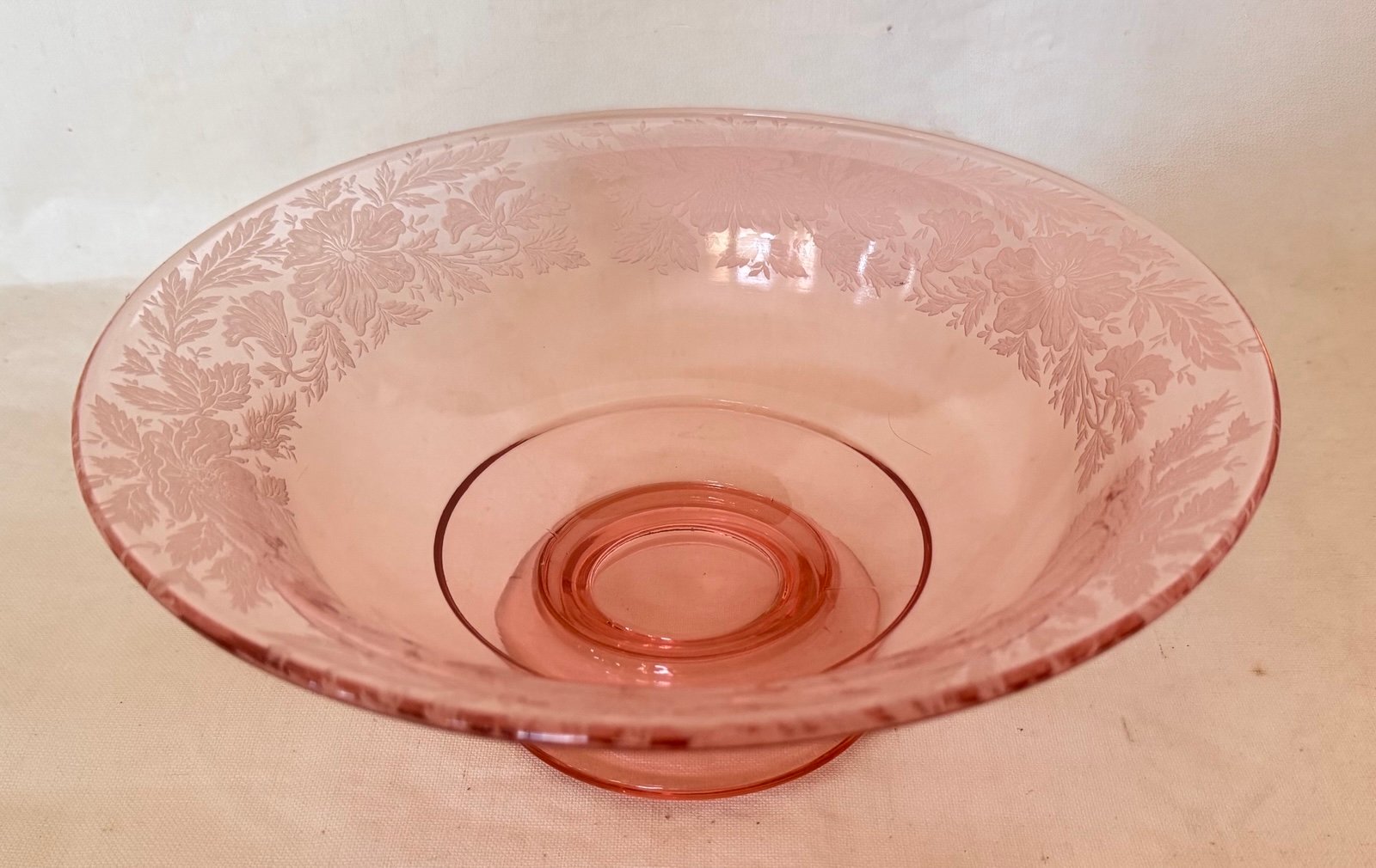 Tiffin-Franciscan ‘Sylvan Pink’ Etched Pink Depression Glass Serving Bowl, 1930s