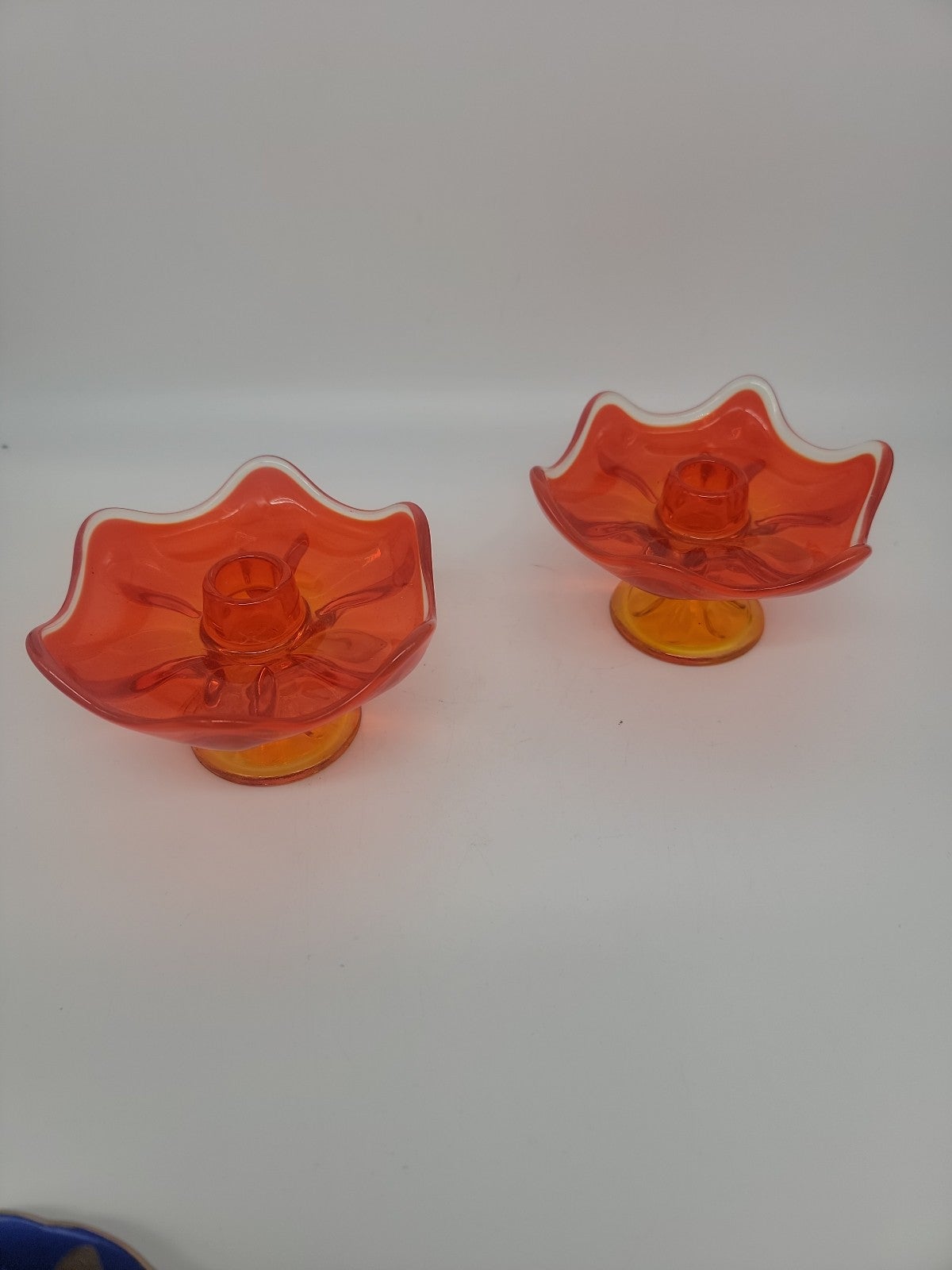 Vtg. Vintage Viking Glass Persimmons Orange Red Pedestal Candle Pair Holder