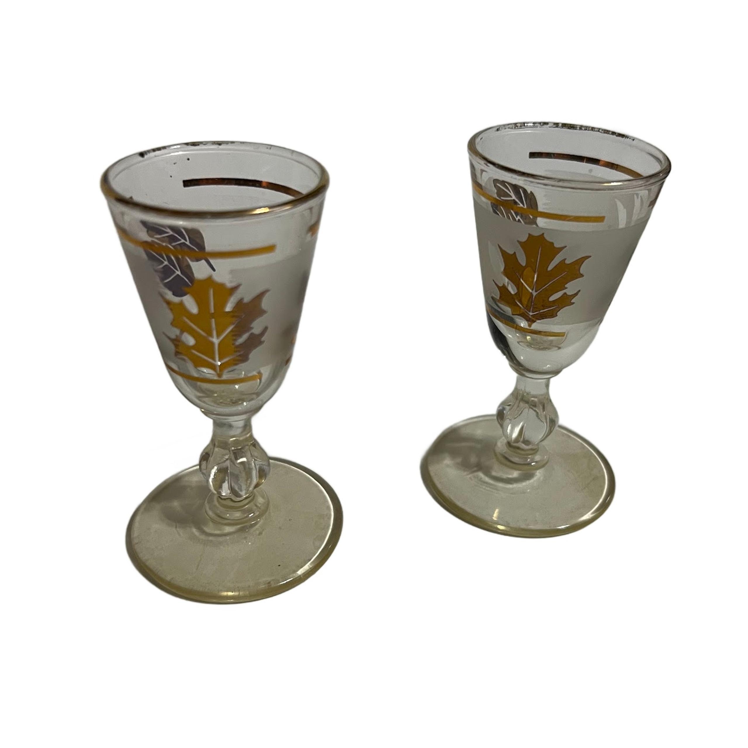 Set of 2 Frosted Cordial Shot Glasses Oak Leaf Fall Design Gold Trim MCM