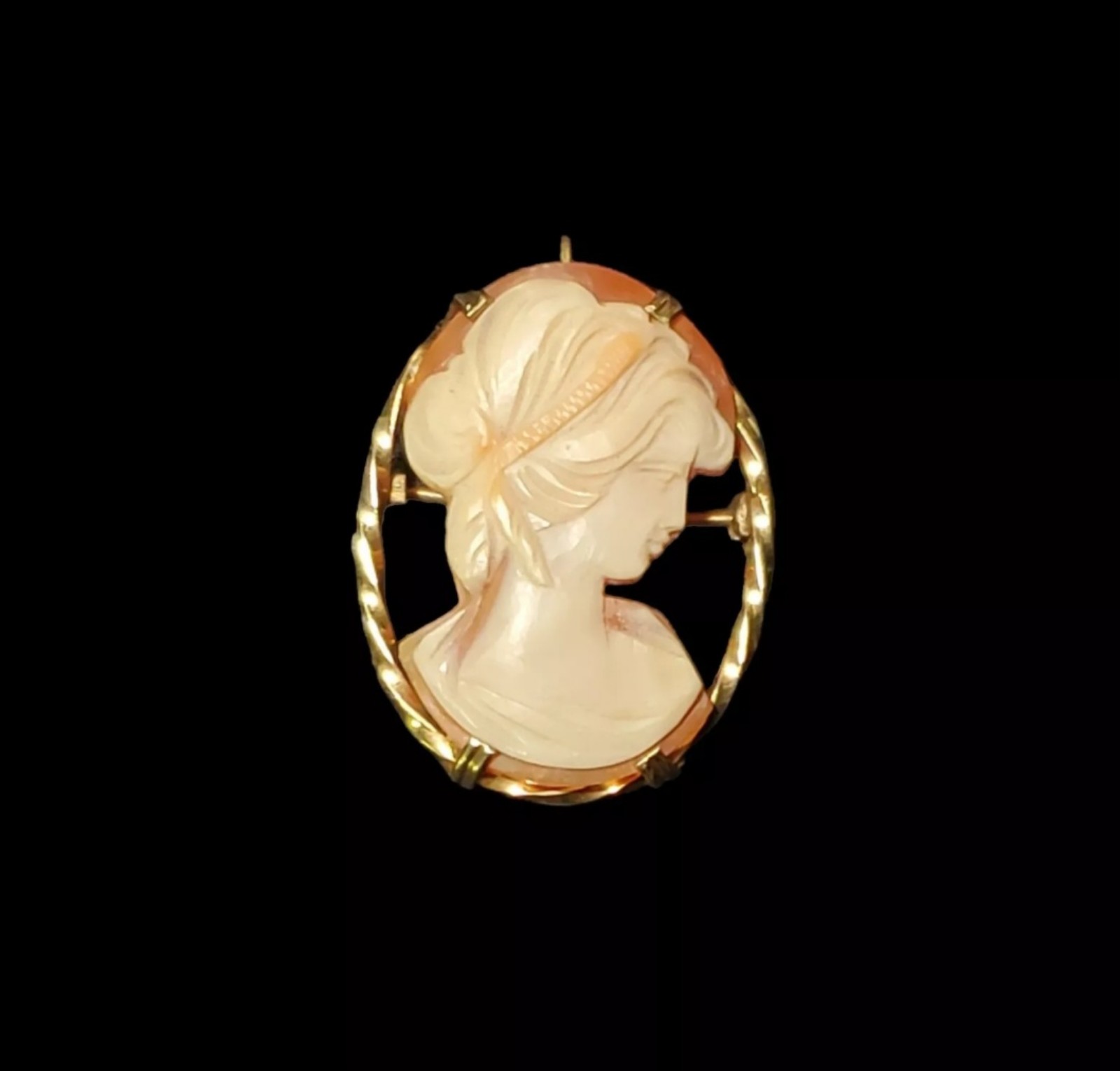 Vintage Estate Carved Shell Rare Cut Out Cameo Solid 10k Gold Brooch Pendant 6g