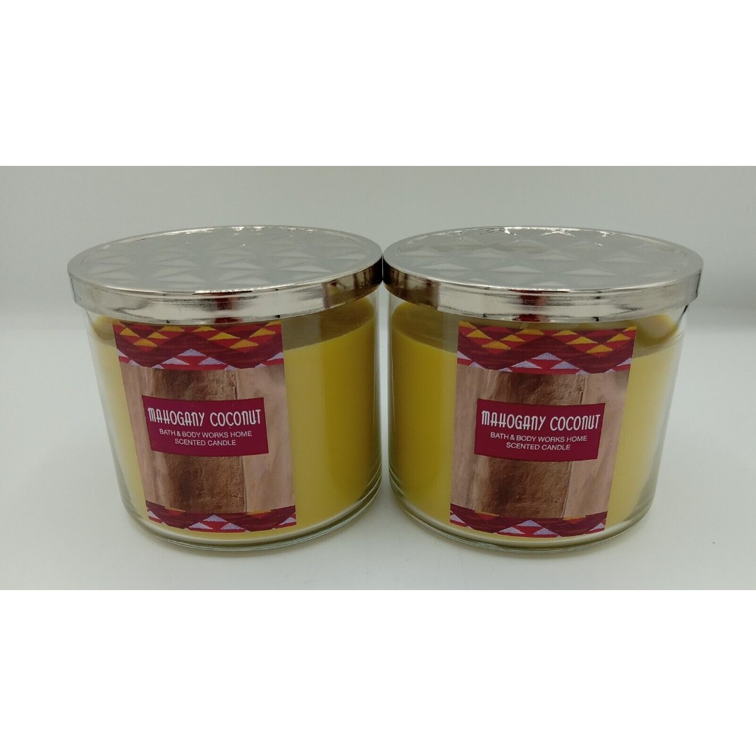 LOT OF 2 BATH & BODY WORKS WHITE BARN MAHOGANY COCONUT 3 WICK CANDLES 14.5 oz