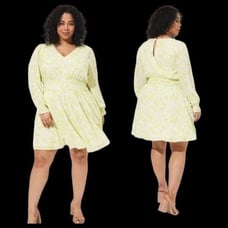 5X 28W Torrid Yellow Floral Empire Waist Gauze Skater Dress Lined Mini Stretch W