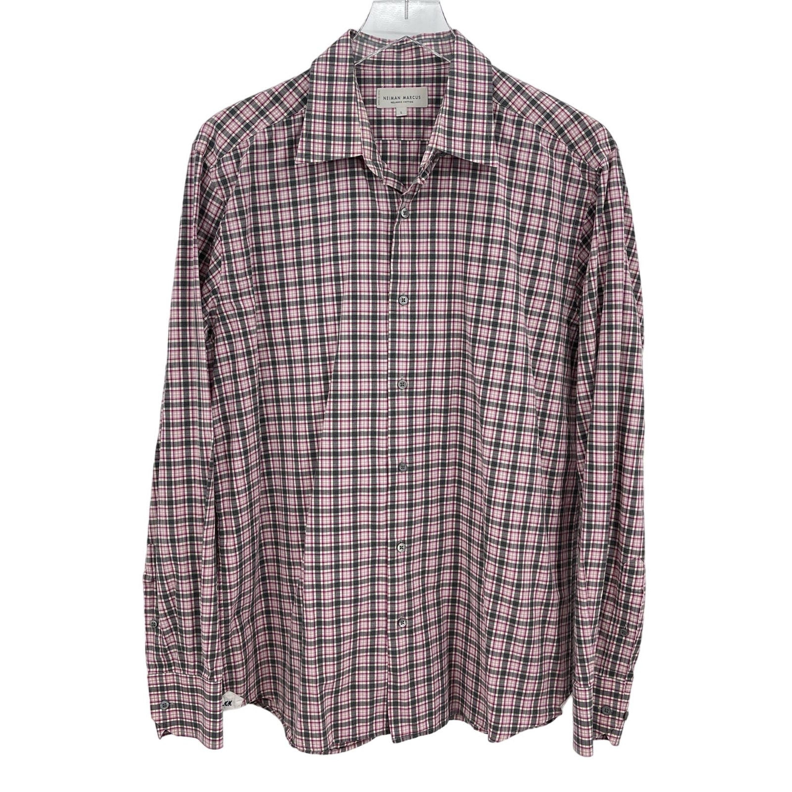 Neiman Marcus Men's Large Pink Gray Plaid Cotton Long Sleeve Button Down Shirt