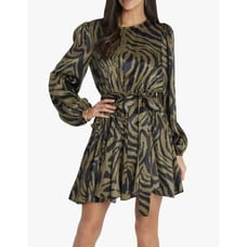 VICI COLLECTION Olive Zebra Print Balloon Sleeve Tie Waist Dress SZ S
