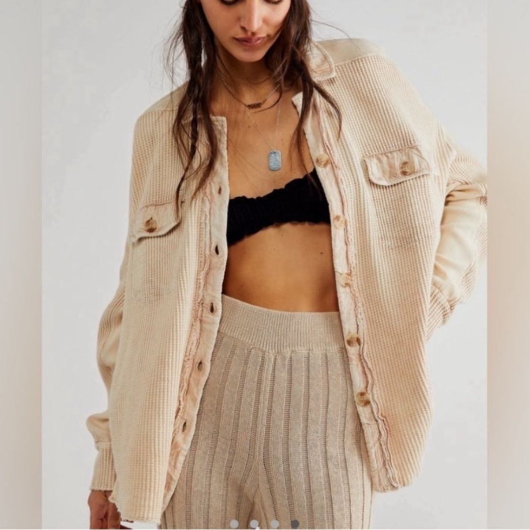 Free People FP One Scout Jacket Button Down Shacket Waffleknit Beige Sand Medium