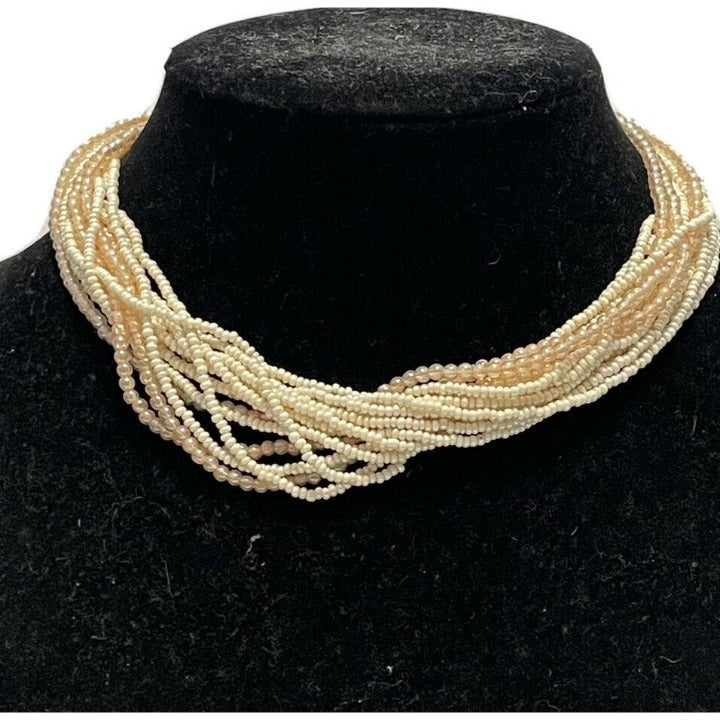 Vintage Miriam Haskell Seed Bead Necklace Choker Collar Faux Pearl Hook Clasp