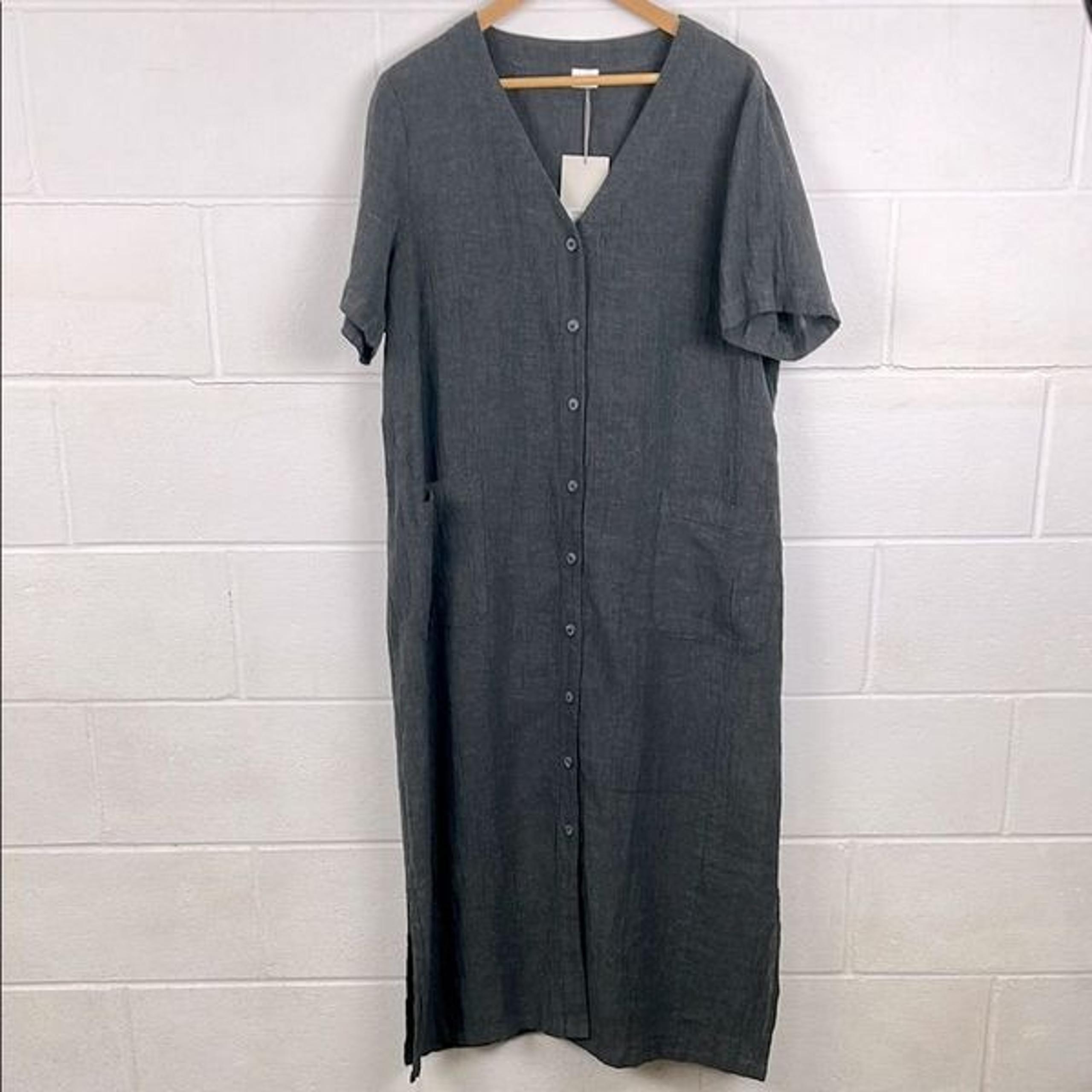 Poetry women’s short sleeve button front Lagenlook charcoal linen maxi dress NWT