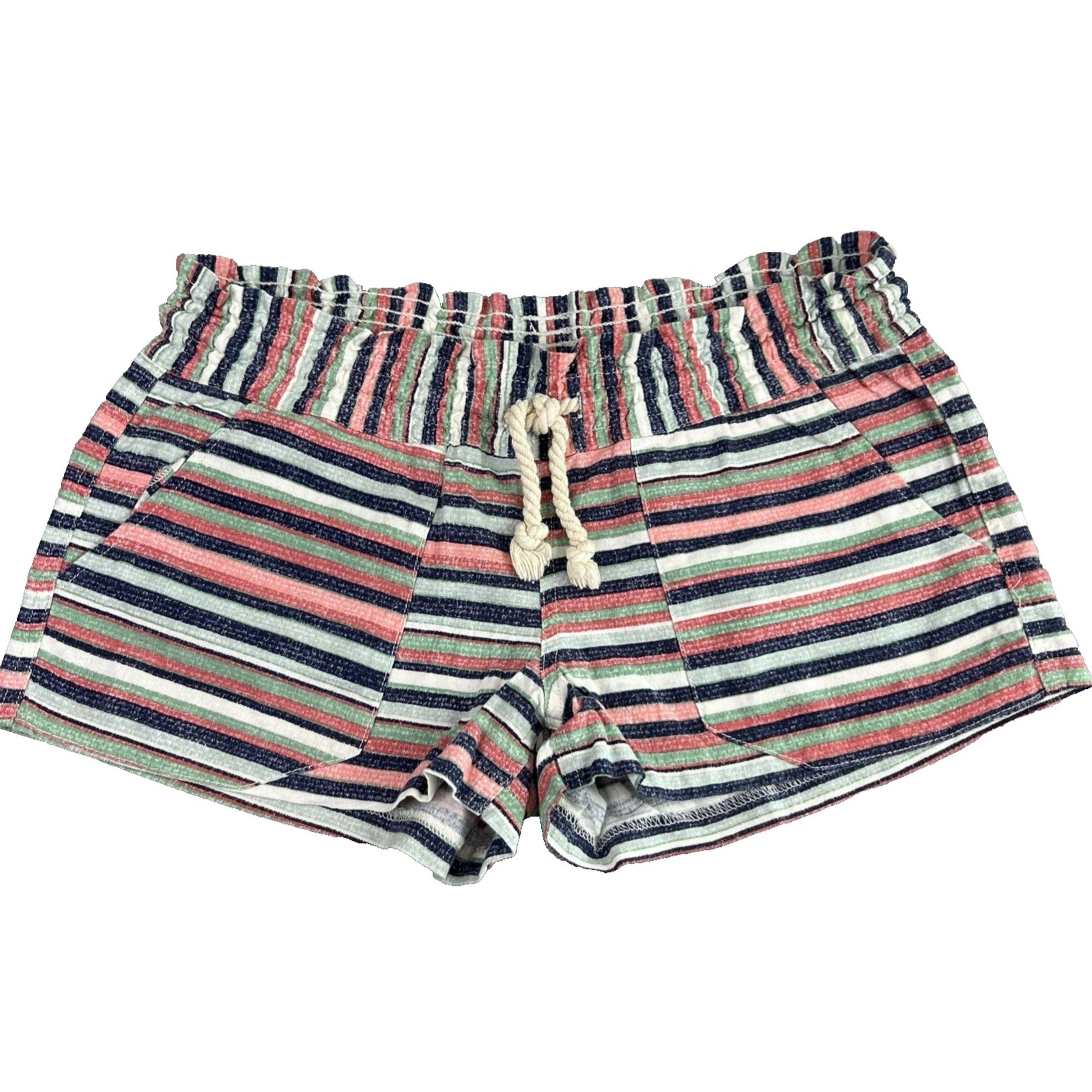 Roxy Oceanside Linen Viscose Shorts Medium Stripes Patch Pockets Drawstring Boho
