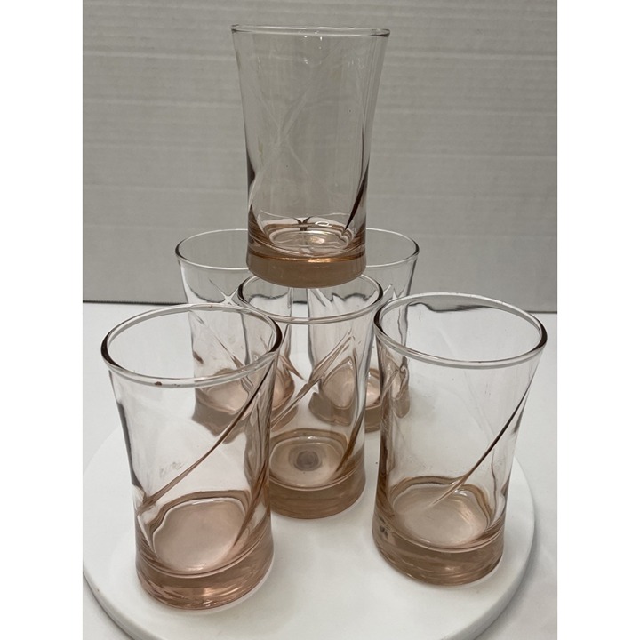 6 Cotton Candy Pink Swirl Juice Drinking Glasses Vintage Weighted Bases - EUC