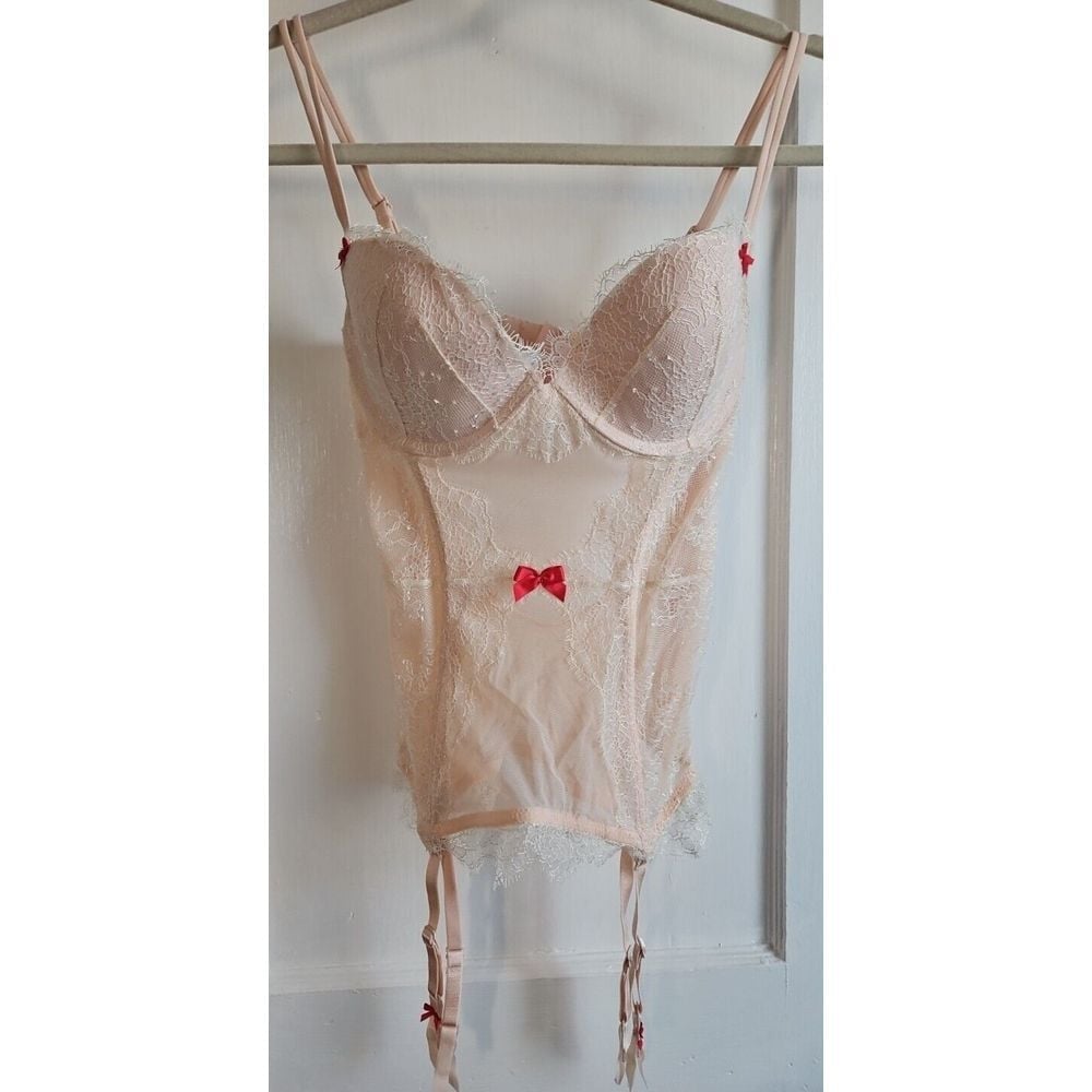 Victorias Secret Sexy Garter Slip Shimmer Lace Red Blush 34C Lingerie Honeymoon