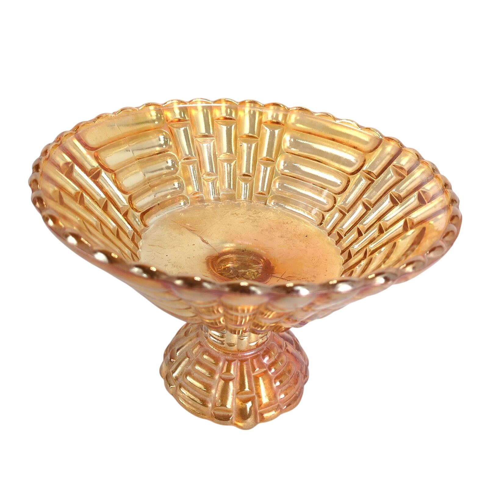 Vtg 1950s Jeannette Floragold Carnival Glass Louisa Pedestal Fruit Bowl 6.5 Tall
