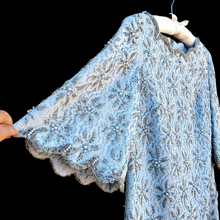 Vintage 60s Chantilly Lace Beaded Pearl A Line Cocktail Dress Trumpet Sleeves 8