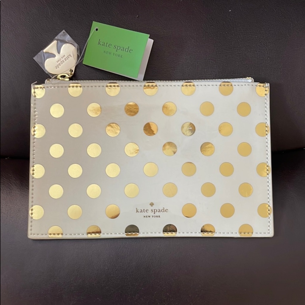 NWT Kate Spade Gold & Cream Clutch Pinstripe inside Gold Logo Zipper Closure