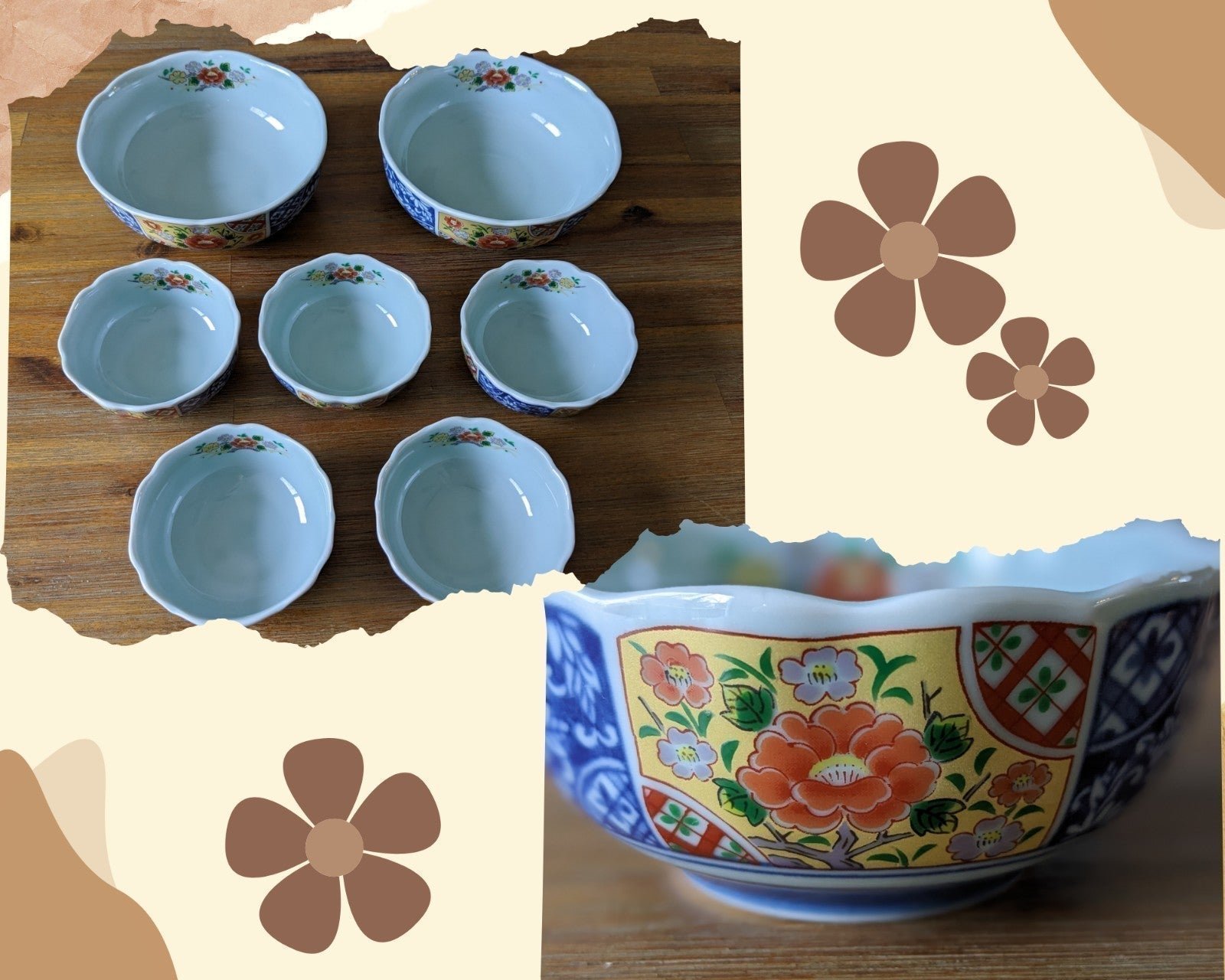 Arita Ware Floral Design Small Bowls & Medium Bowls - Set of 7