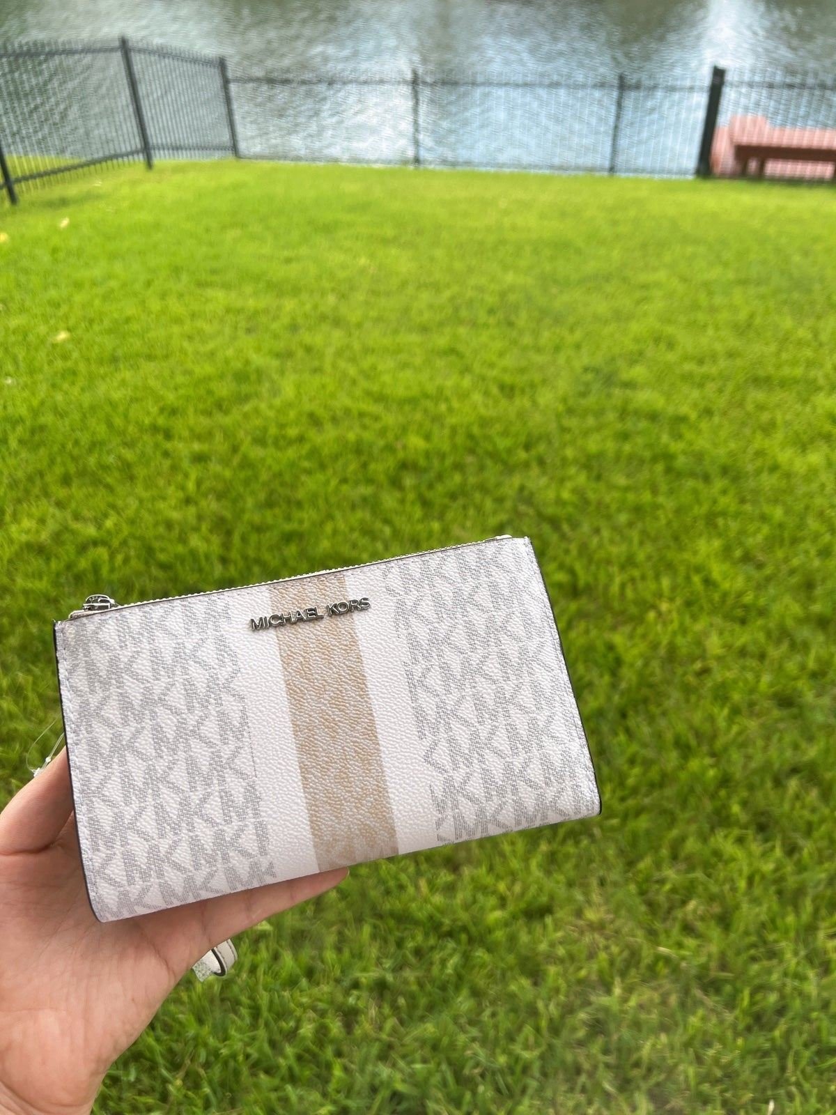 Michael Kors Jet Set Travel Double Zip Phone Wristlet MK Logo Light Sand Multi