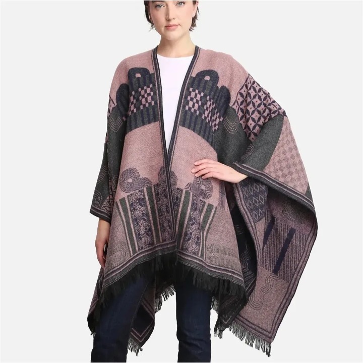 WOMENS ROSE/MAUVE MIXED PRINT RUANA/WRAP W/SHORT TRIM - OS