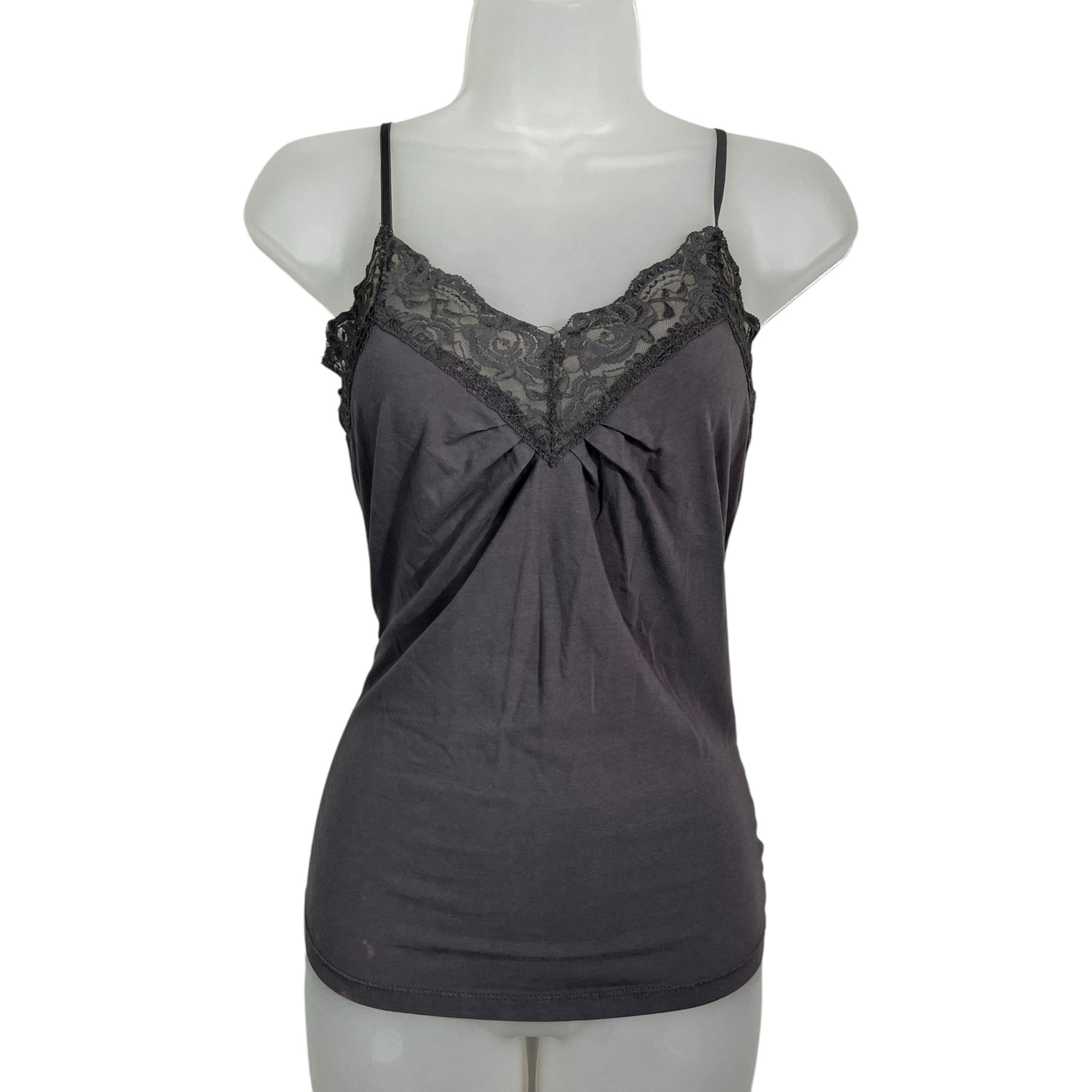 Old Navy Y2K 00s Dark Gray Lace Trim Babydoll Ruched Spaghetti Strap Cami Tank S