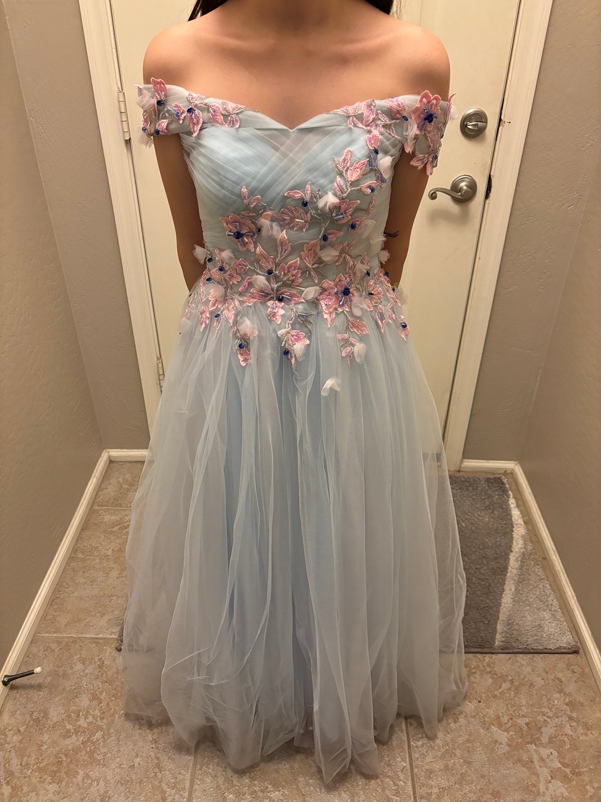 Blue and Pink Floral Prom Dress