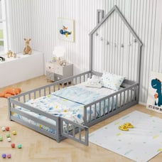 Twin Size Montessori Floor Bed for Toddler w/Lockable Door Full-Length Guardrail