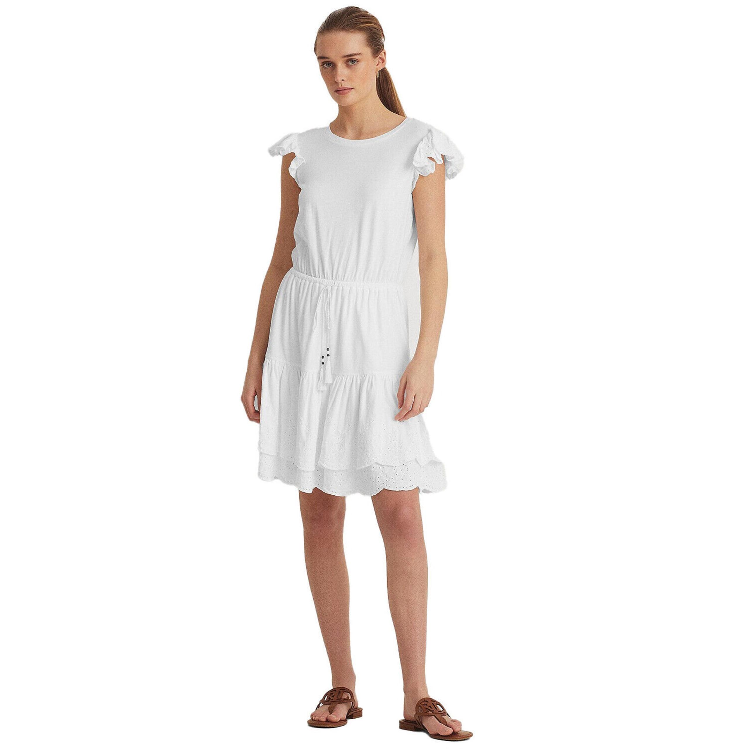 Lauren Ralph Lauren Women's White Cotton Blend Eyelet Jersey Dress - 18 - White