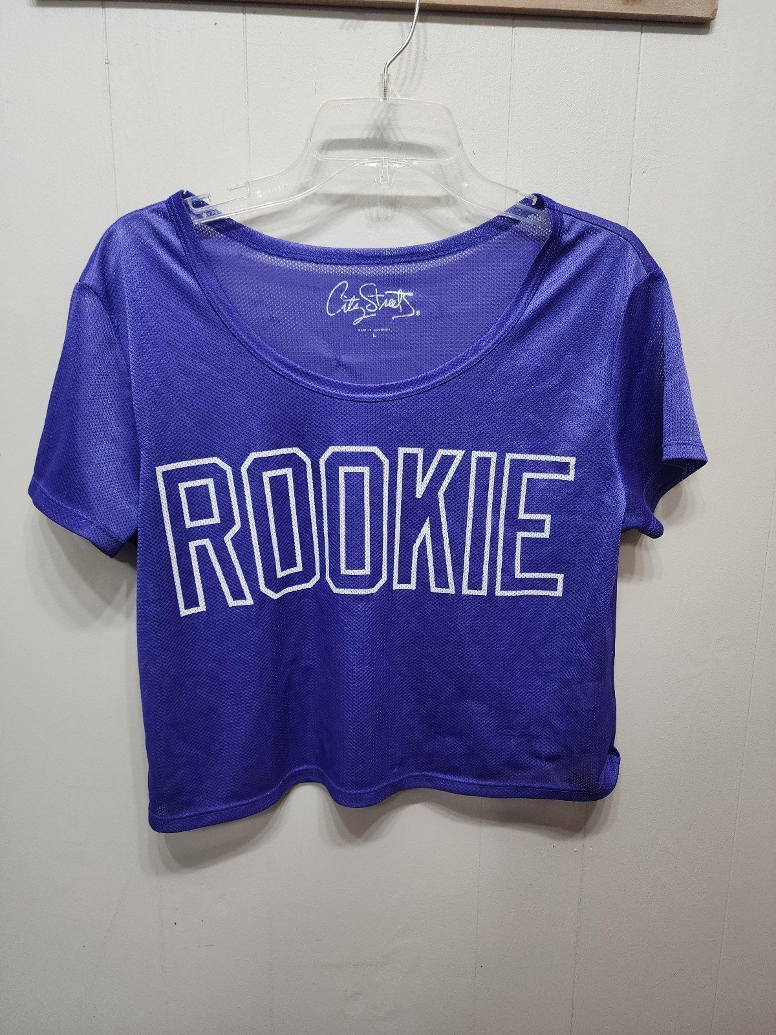 City Streets Rookie Jersey Shirt Large Purple White Casual Semi Sheer B759