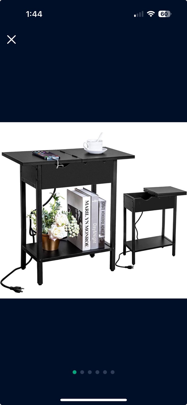Black - Narrow Side Table with Flip Top | Charging Station (USB-C & USB) 633*