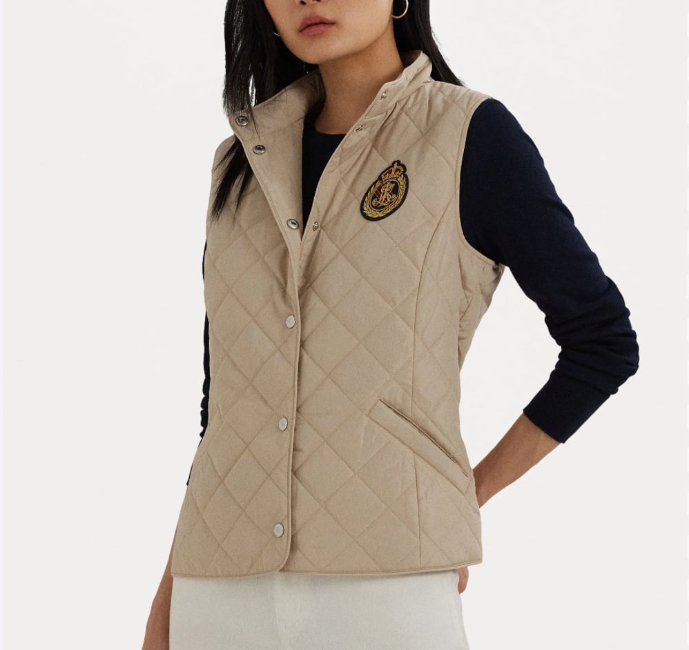 Ralph Lauren Women's Crest-Patch Quilted Mockneck Vest Beige Size Large NWT