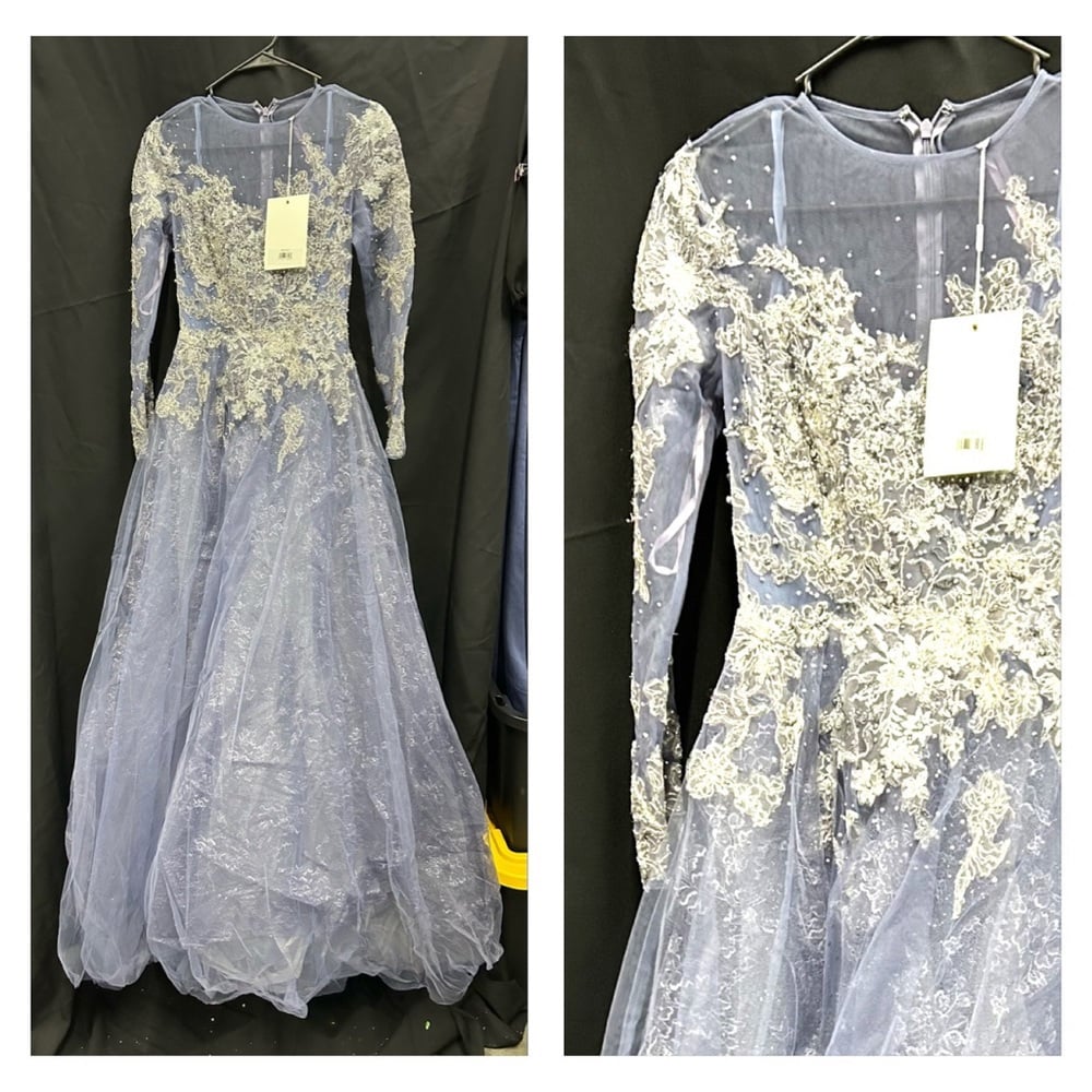 Size 2 MAC DUGGAL 20441 NWT Embellished V Neck Long Sleeve A Line Gown in Slate
